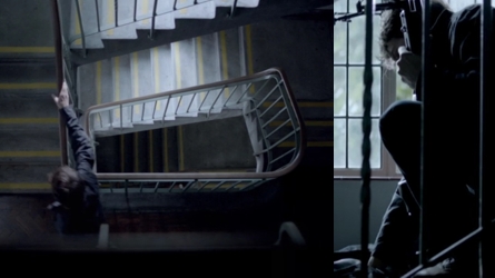 Sniper climbing stairs in Reichenbach Fall episode of Sherlock