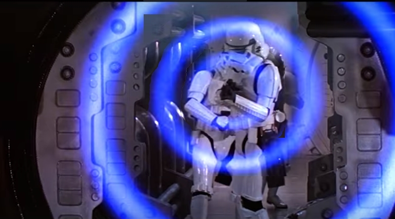 Storm Trooper fires a shock wave, knocking down Princess Leia in "Stars Wars: A New Hope."