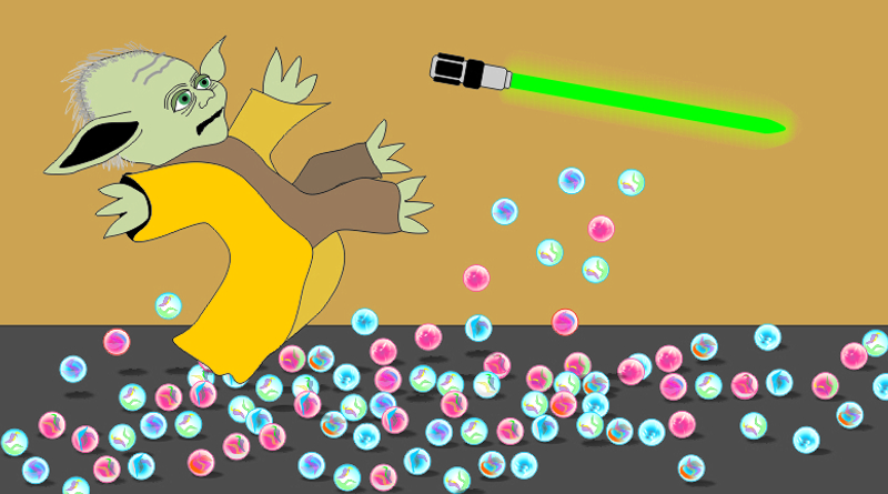 Yoda slips on marbles